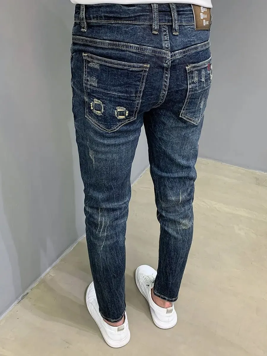 Harajuku Fashion Autumn New Blue Jeans Men's Trendy Brand Scratches Cargo Work Korean Slim-fitting Trousers Luxury Elastic Pants — image 5