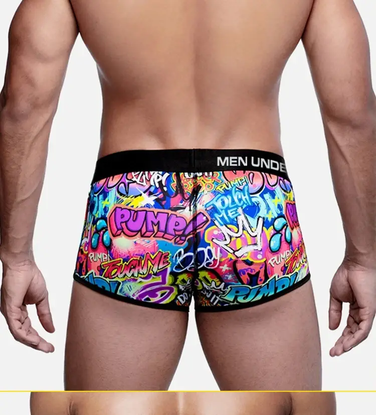 Cueca boxer masculina de mistura de algodão e nylon, cueca boxer com estampa graffiti, cintura elástica larga, não apertada, roupa íntima esportiva, 1 peça