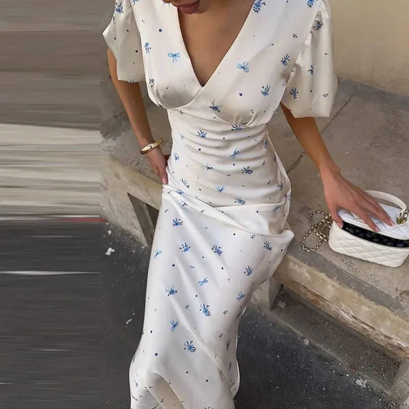 Elegant Print Women Long Dress Fashion V-neck Pleated Flutter Short Sleeve Empire Female Dresses 2026 Summer Chic Female Robe