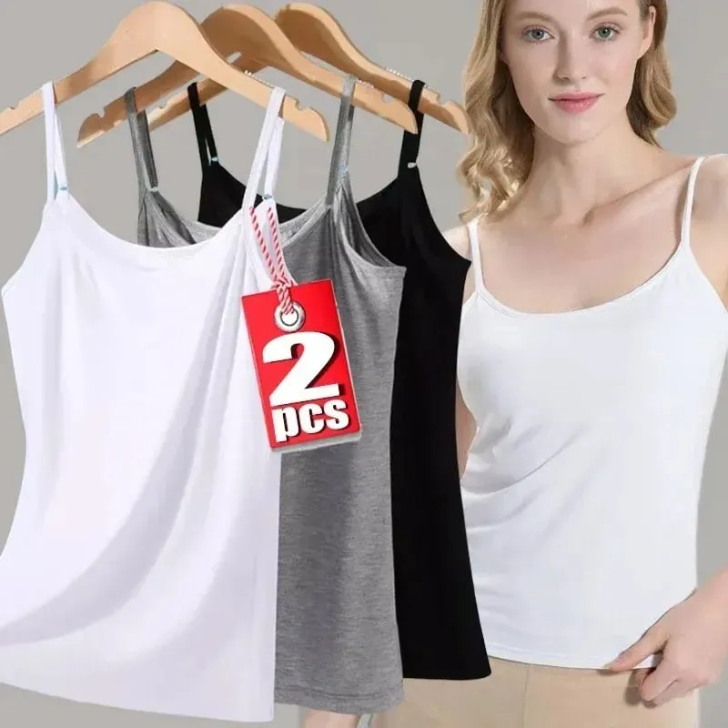 Women's Solid Color Spaghetti Straps Sleeveless Slim Camisole with Chest Pad Cotton Summer Wear Outside Female Short Tops Vests — image 2