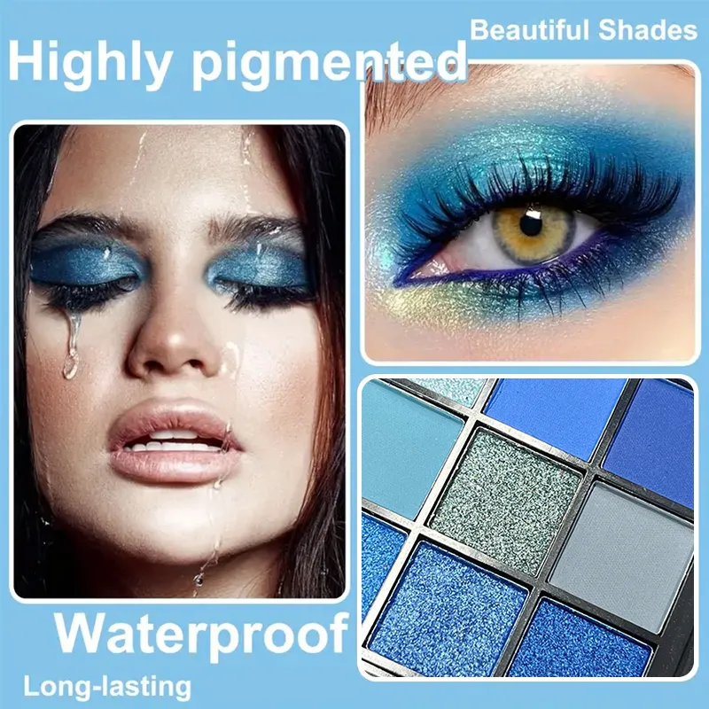 Luxurious Blue 9 Color Eyeshadow Palette - Velvet Matte and Shimmer Effect Durable Waterproof Long-Lasting Smoky Eye Makeup — image 2