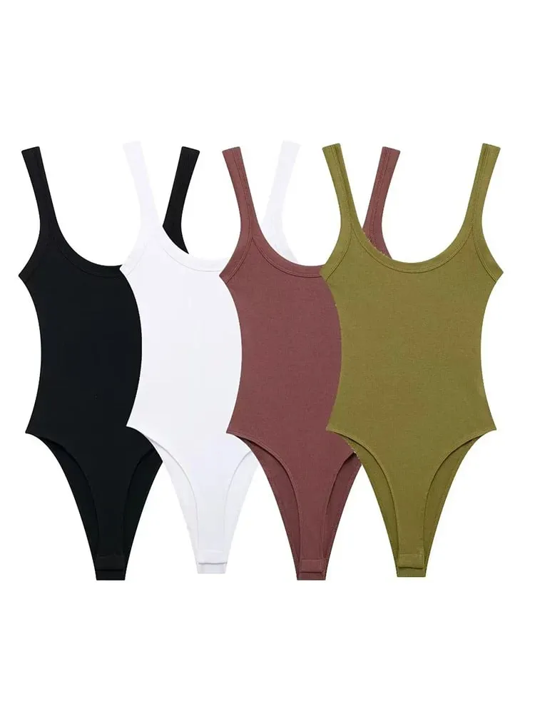 Skinny Ribbed Bodysuits for Women O Neck Straps Snap-Button Female Playsuits Sexy Fashion — image 2