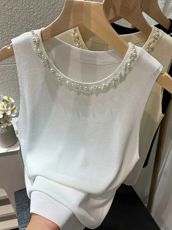 White Women Camisole 2026 New Summer Slim Thin Ice Silk Knit Vest Trendy Beaded Decor O-Neck Sleeveless Tank Top — image 3