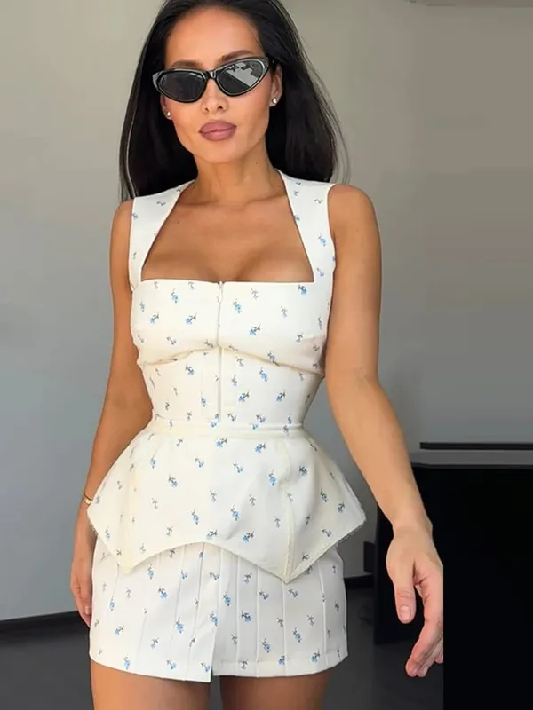 Elegant Printed Women's Dress Sleeveless Square Collar Waist-Closed Lady Mini Dresses With Waist Tape 2026 Summer Female Robes — image 2