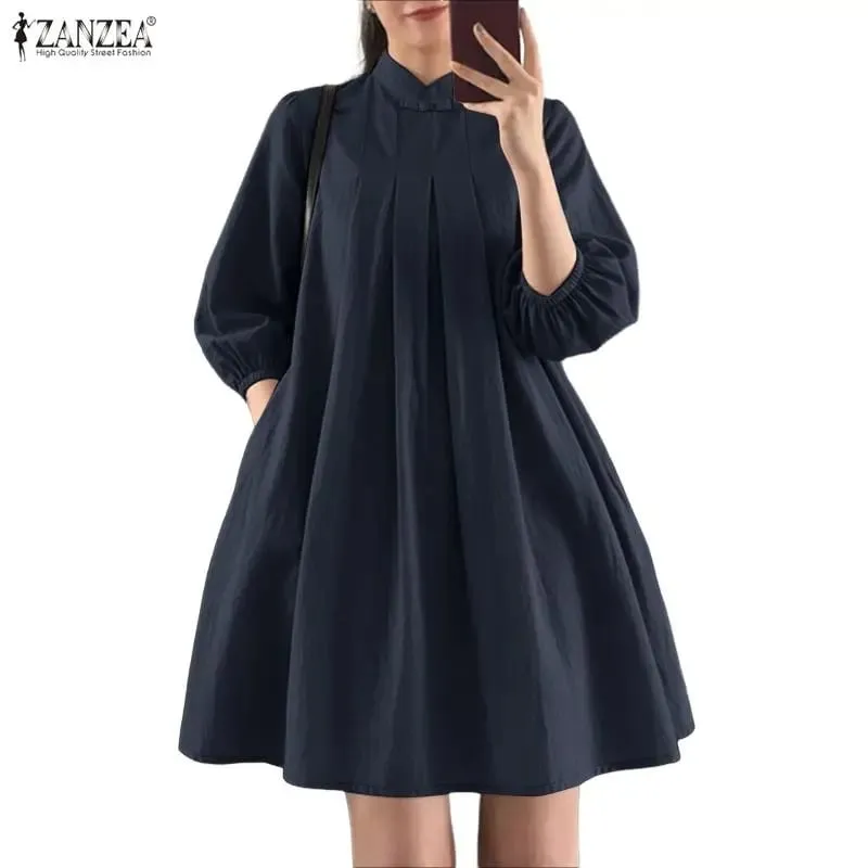 Letnie damskie eleganckie plisowane sukienki ze stójką 3/4 bufiaste rękawy marszczona linia sukienka do kolan swobodne szaty Femme