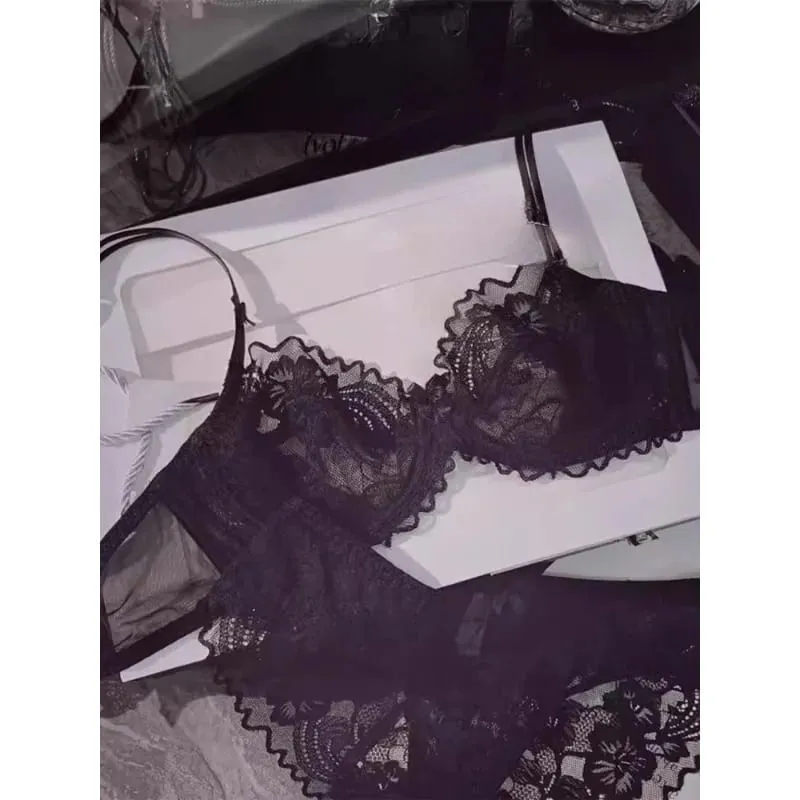 Chic French Ultra-thin Lace Lingerie Set Large Breasts See-through Underwire Bra small Bust Lift Elegant Soft Feminine Set S-xl