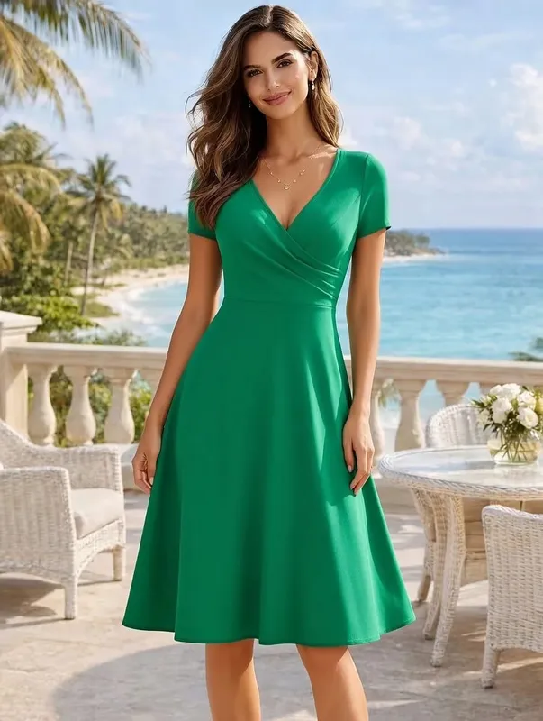 Women's Elegant Round Neck Summer Short Sleeve Solid A-Line Knee-length Dress High Waist Swagger Party Wedding Casual Departure — image 7