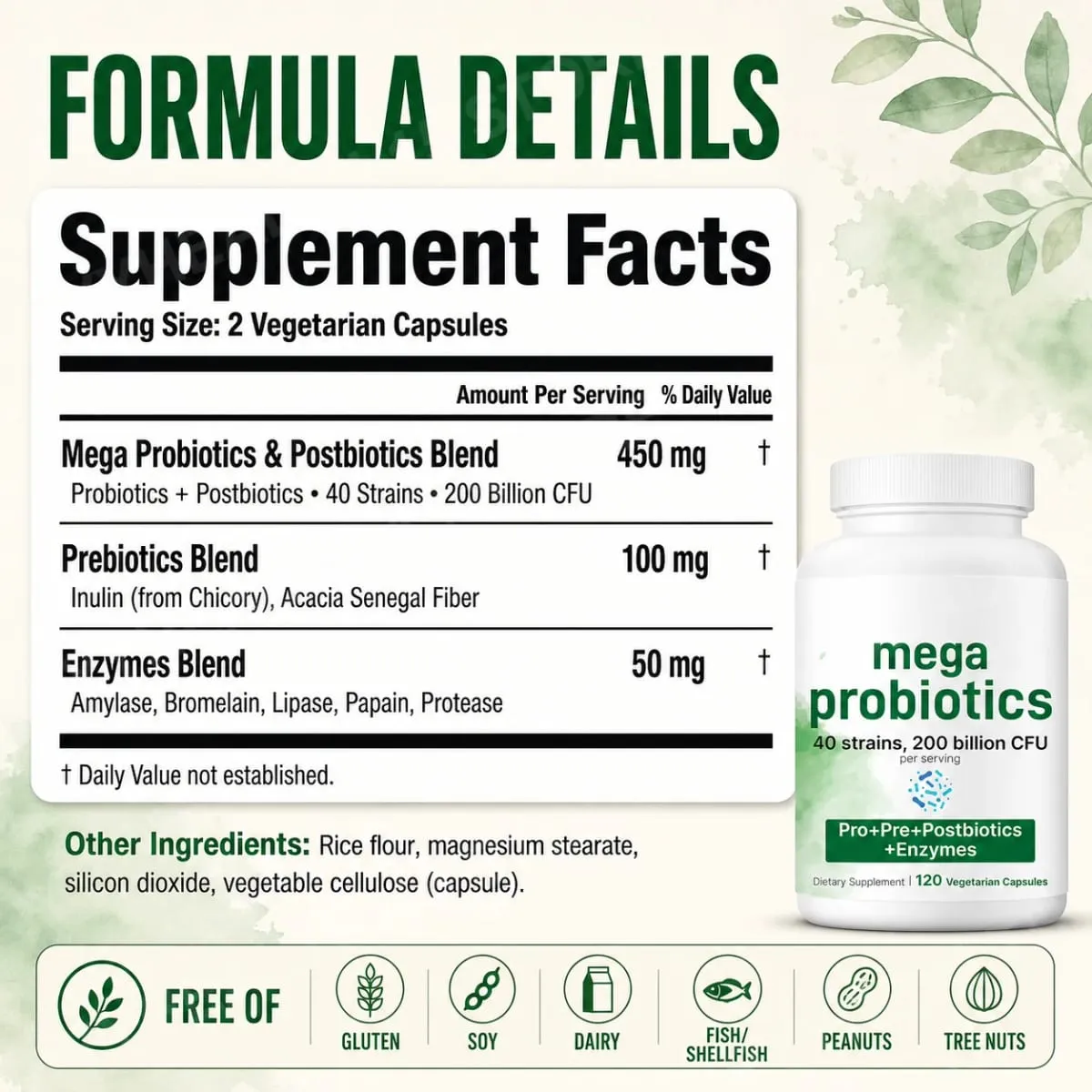 Probiotics Capsules 200 Billion CFU 40 Strains Prebiotics Digestive Enzymes Gut Health Supplement 120 Veg Capsules Men Women — image 2