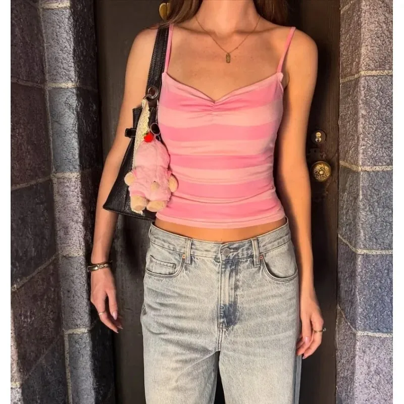 Color Block Stripe Twist Front Spaghetti Strap Cami Top Slim Fit Y2K Sweet Summer Sleeveless Tank Top — image 7