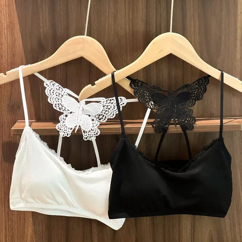 Flattering Slim Crop Top Women Lace Butterfly Back Cami Top Padded Built Bra Spaghetti Strap Sleeveless Tank Inner Underwear — image 2