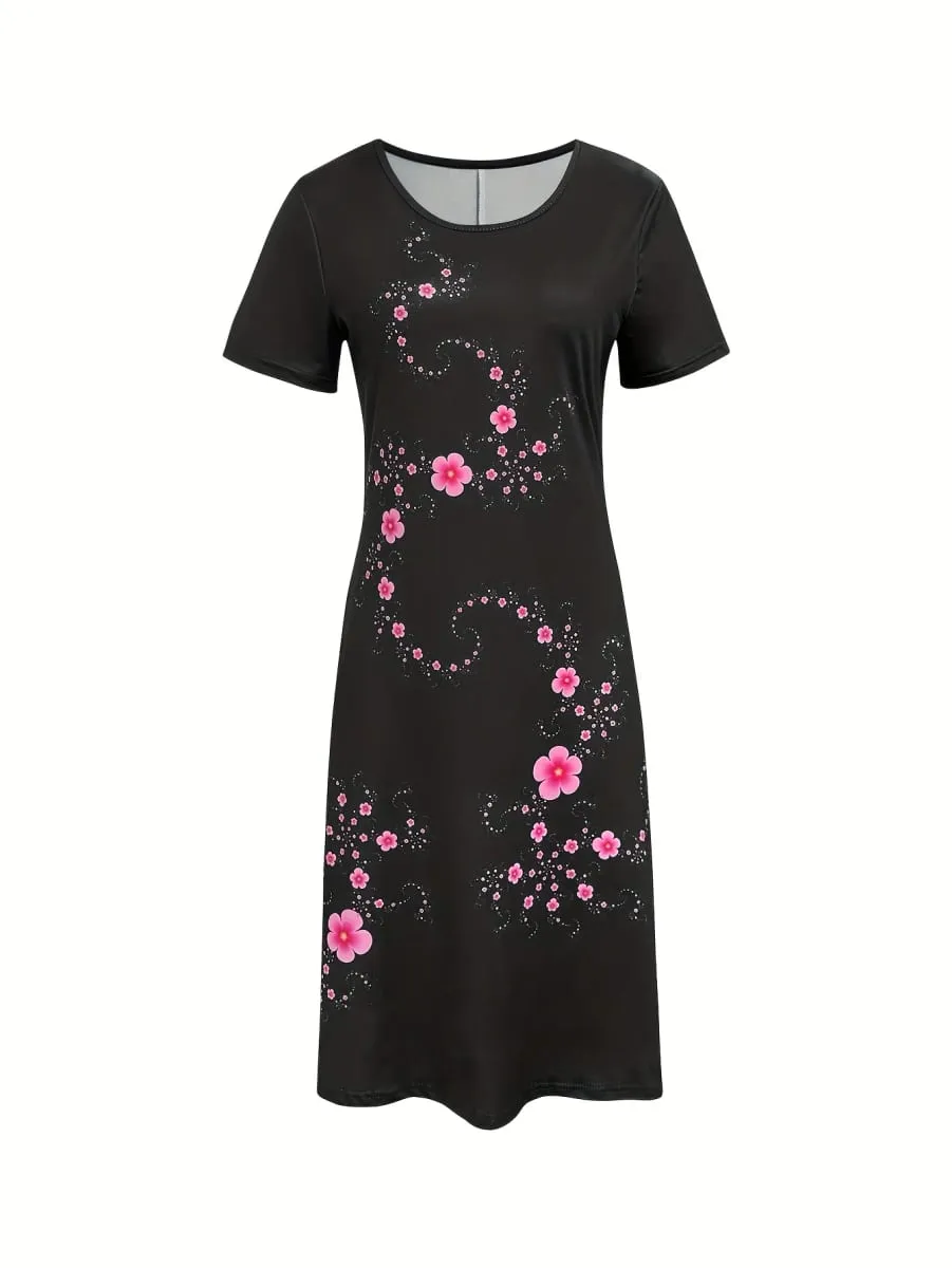 Women's Elegant Casual Floral Print Dress Black with Pink Flowers Dresses Woman Summer Women's Short -Sleeved Y2k Ladies Clothes — image 3