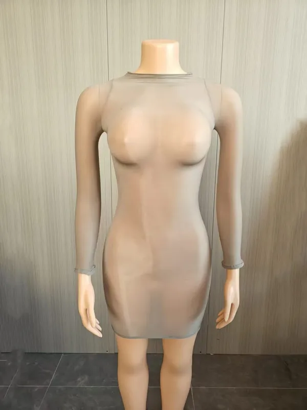 Oil Shiny Seamless Body Stockings Bodycon Mini Dress Women See Through O Neck Long Sleeve High Stretch Silky Glossy Clubwear — image 8