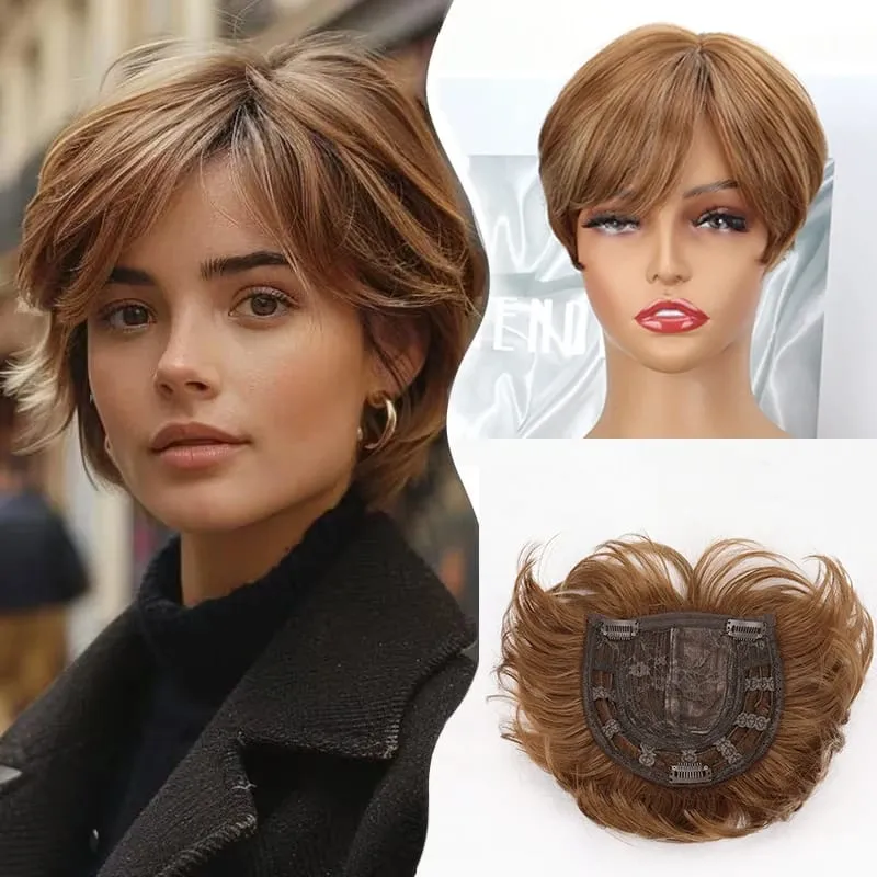 6Inch Synthetic Short Straight Hair Toppers for Thinning Hair Texture Clip-In Adds Volume Hairpiece for Women Daily Use — image 7