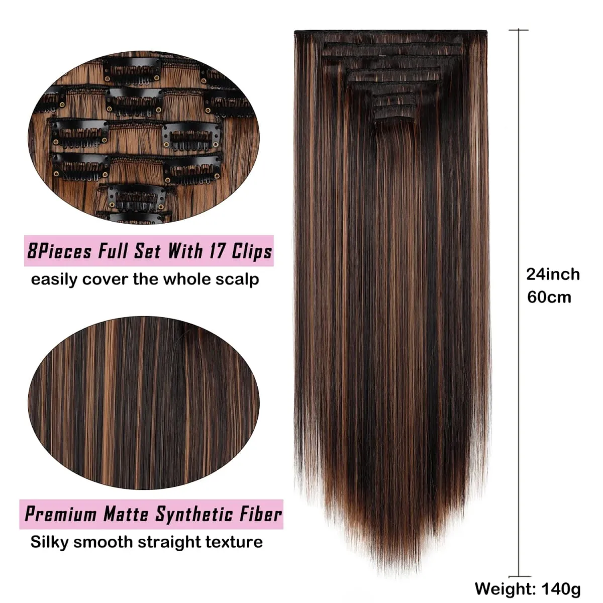 Clip In Hair Extensions Full Head 8 Pieces 17 Clips Synthetic Straight 24 Inch Matte Hair Set Multiple Colors