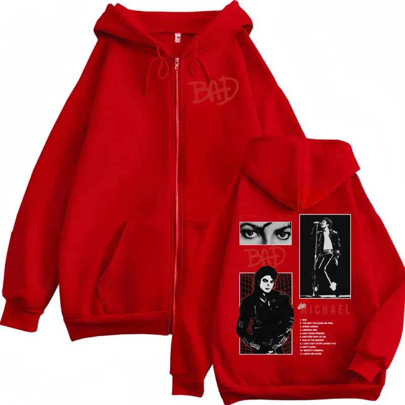 King of Pop Michael Jackson Bad Era Tour Zip Up Hoodies Men Women Fashion Harajuku Jacket Sweatshirts Casual Fleece Zipper Coats