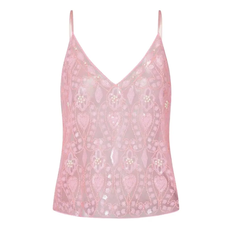 Floral Geometric Sparkly Tank Tops Women Sheer Mesh Sequin Camis V Neck Spaghetti Strap Y2K Club Night Out Festival Party Vest