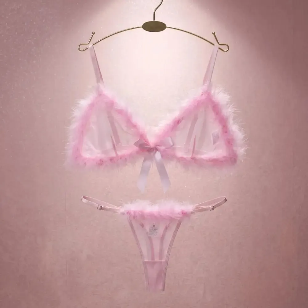 Underclothes Furry Women's Underwear Wireless Mesh Transparent Lingerie Set Bow Decor Romantic Intimate Bra Panties Suit Home — image 6