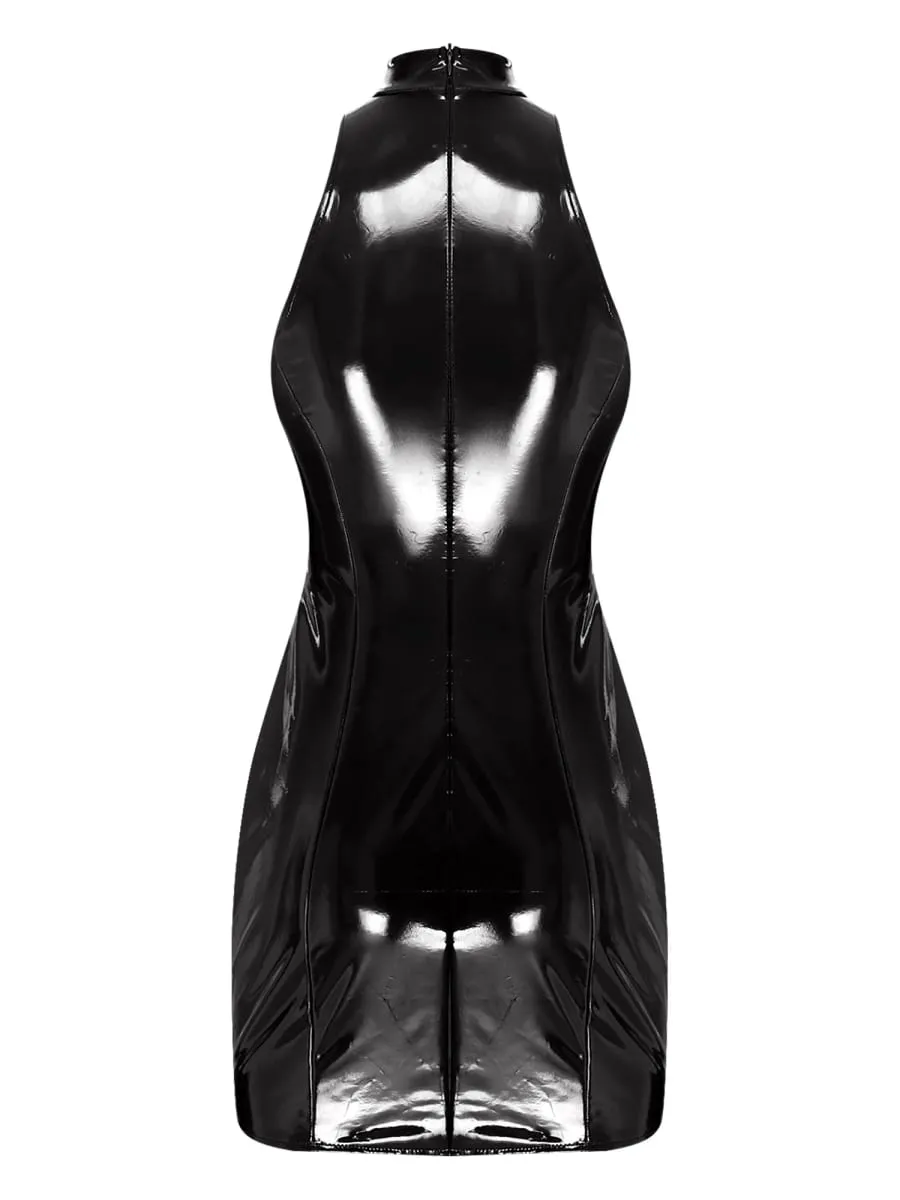 Womens Wet Look PU Leather Mini Dress Mock Neck Sleeveless Hollow-out Push-up Bra Bodycon Tube Dress Clubwear for Raves Party