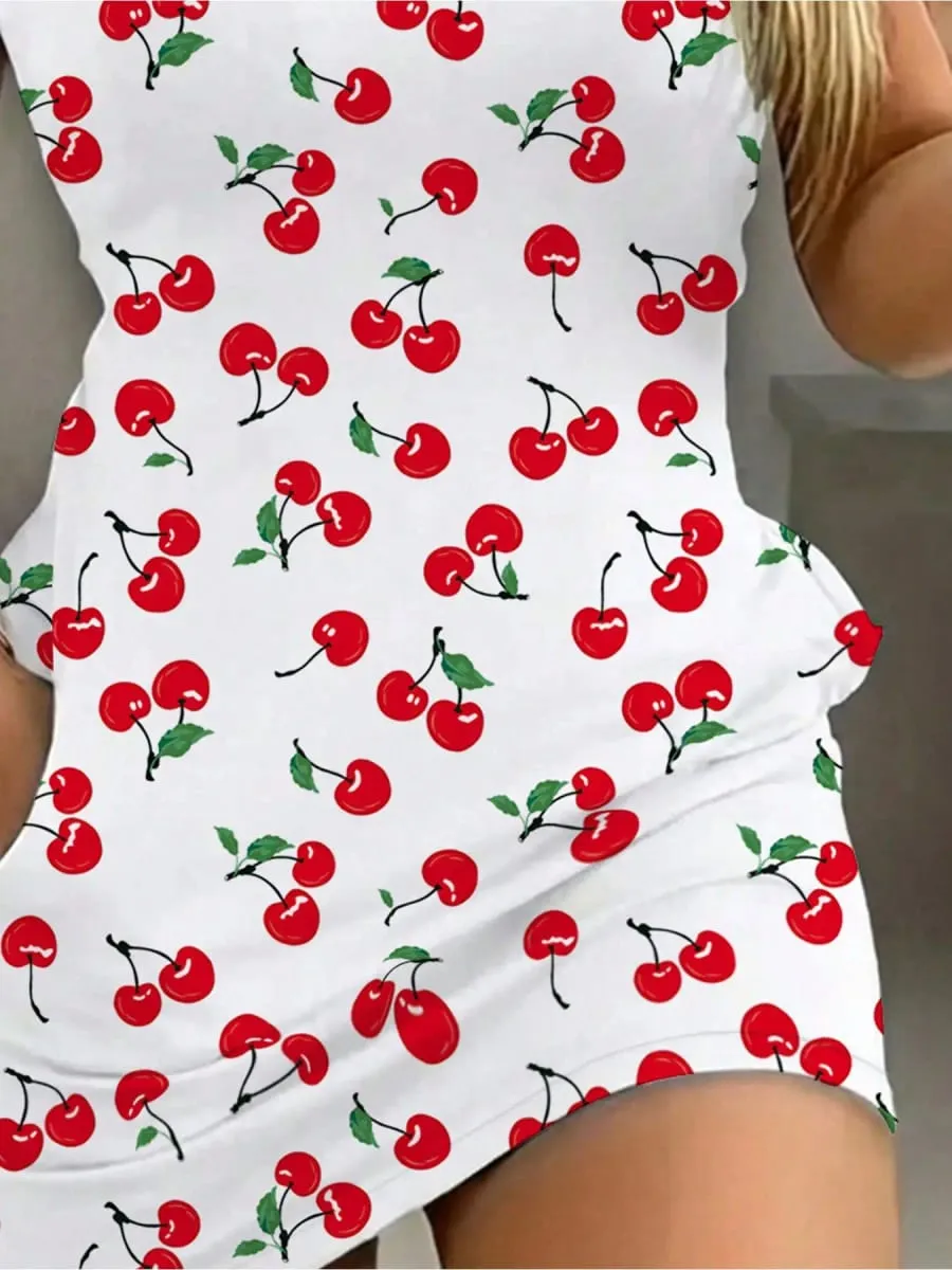 Elegant Casual round Neck Solid Color Cherry Print Pocket Short Sleeve Mini Skirt Long Dress Comfortable Fashionable Women's Dre — image 3