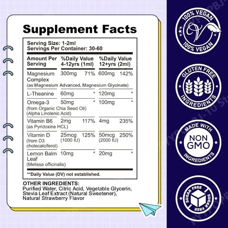 Magnesiumglycinat-Flüssigkeitstropfen für Kinder mit L-Theanin, Omega-3, Vitamin B6, D3 zur Schlafentspannung, 2 Fl Oz, Erdbeergeschmack