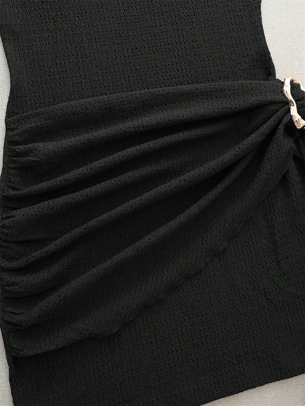 Women's Elegant Texture Fabric Pleating Waist Sice Ribbon Slim Fit Mini Dresses Casual Metal Buckle Solid Color Dress Summer — image 6