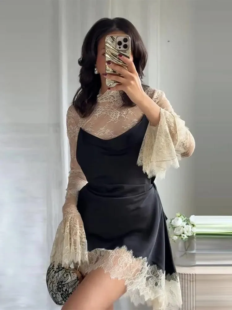Elegant Women's Lace Trim Satin Dress High Neck Bell Sleeve Vintage Black Party Clubwear Chic Cocktail Mini Dresses Chic Outfit — image 4