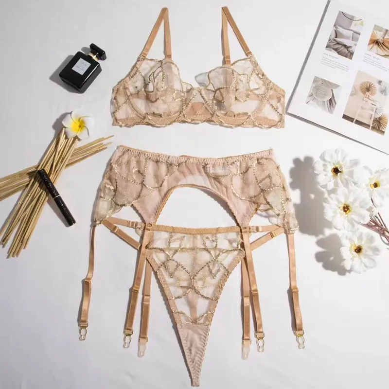 Champagne gold lingerie set fashionable French style bra and garter stockings