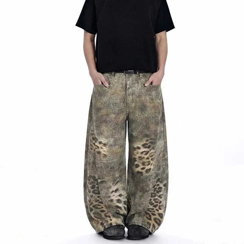 Avant-Garde Men's Jeans Leopard Print Gradient Oversized Wide Leg Fit High Street Loose Casual Denim Long Pants 9X2894