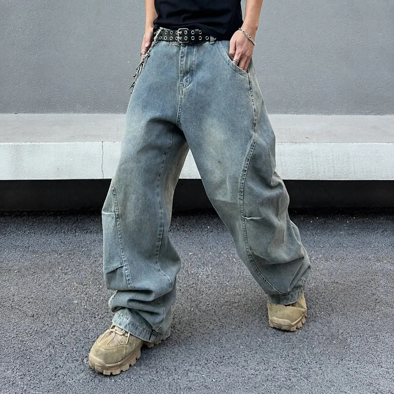 Vintage Men Washed Baggy Denim Jeans Stitched Panel Wide Leg Denim Pants Oversized Loose Hip Hop Streetwear Y2K Casual Trousers