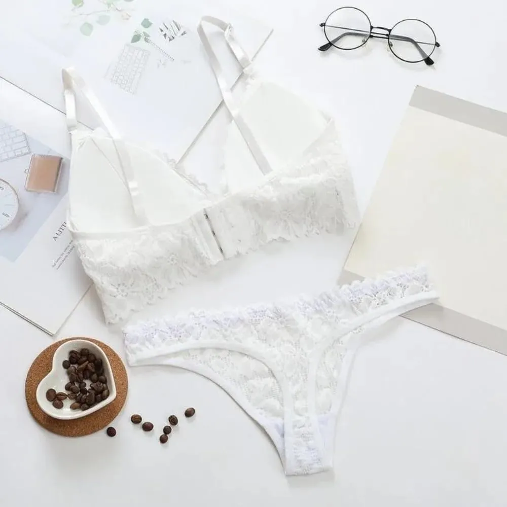V Neck Lace Flower Bra Set Thong Solid Color Floral Panties Bra Kit Lingerie T-Back Lace Underwear Valentine's Day Gift — image 5