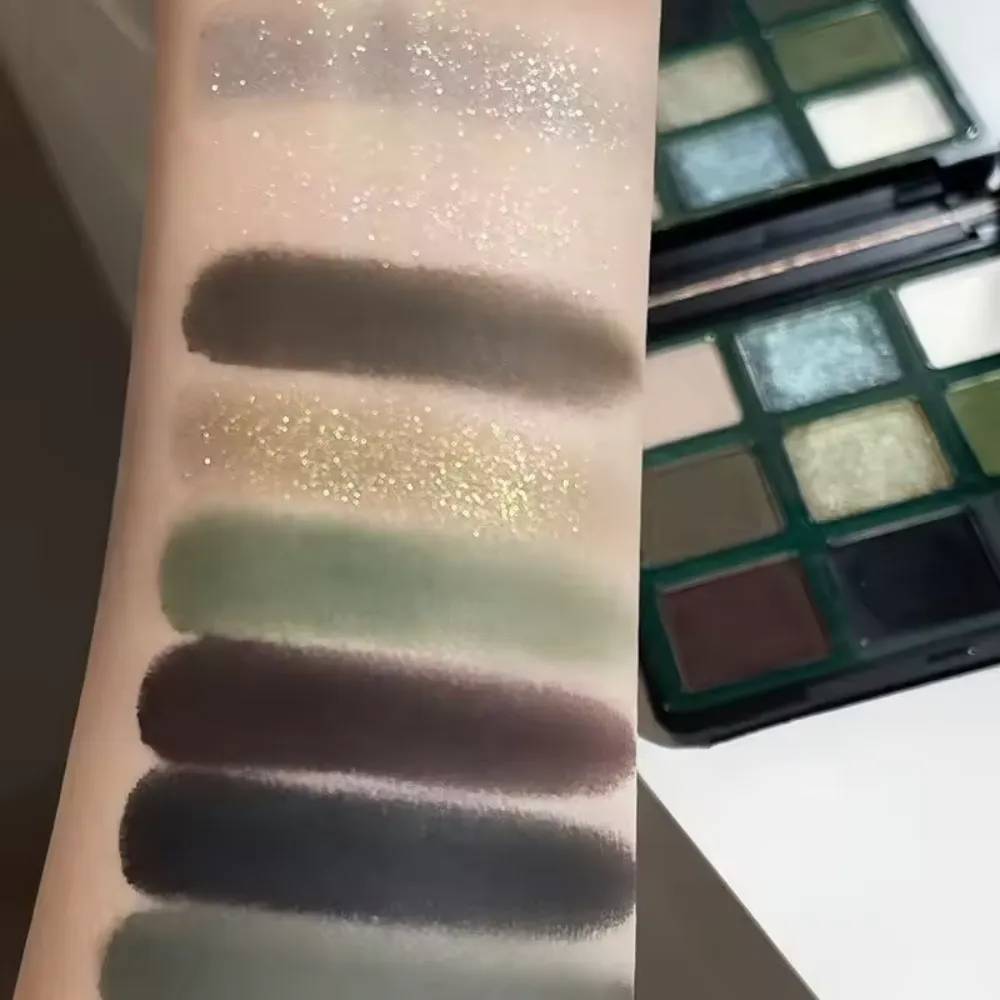 9 Color Eyeshadow Palette Olive Green Eye Look Pearlscent Shimmer Matte Eyeshadow Pink Palette Flash Cosmetics — image 4