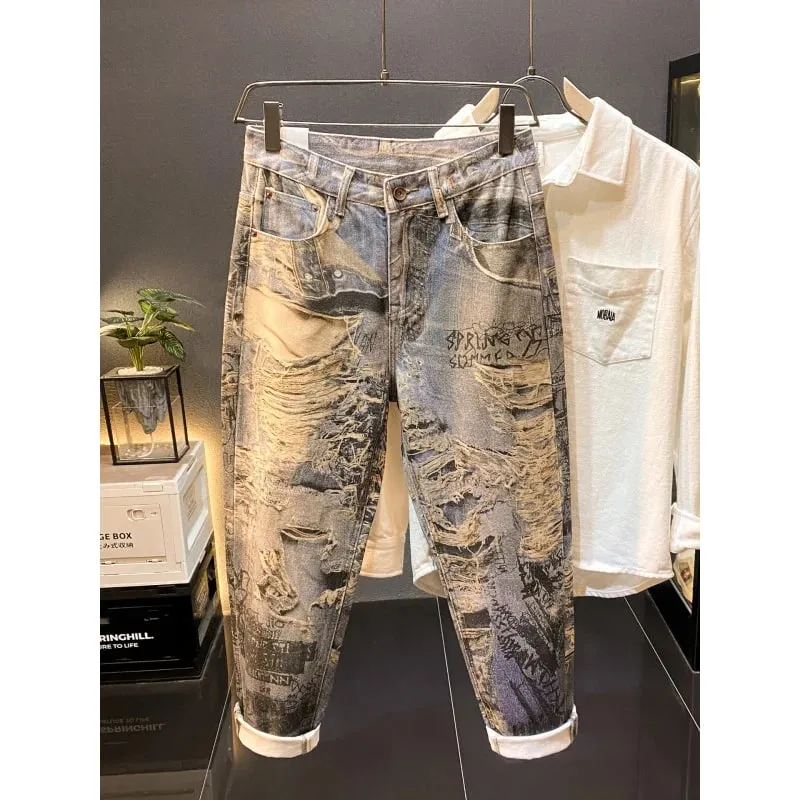 American high-end retro printed design jeans men's 2025 autumn new cool and loose straight leg long pants — image 2