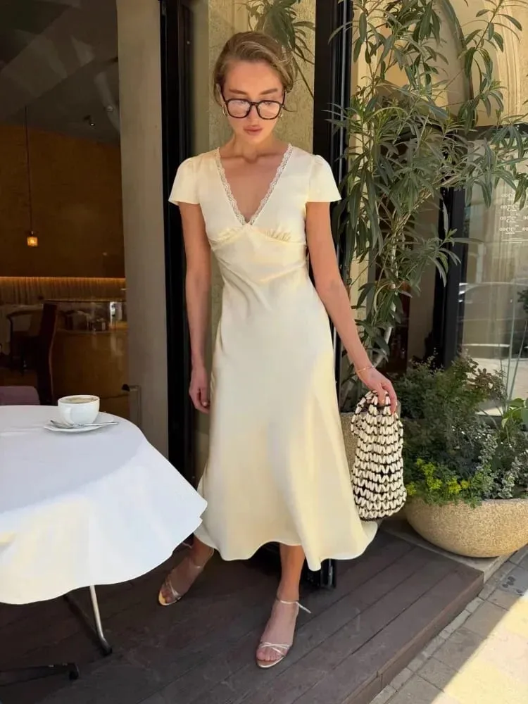 Women Elegant Satin Lace Trim Midi Dress Solid Lace Patchwork Short Sleeve V-neck Summer Dresses 2026 Summer New Holiday Robes — image 3