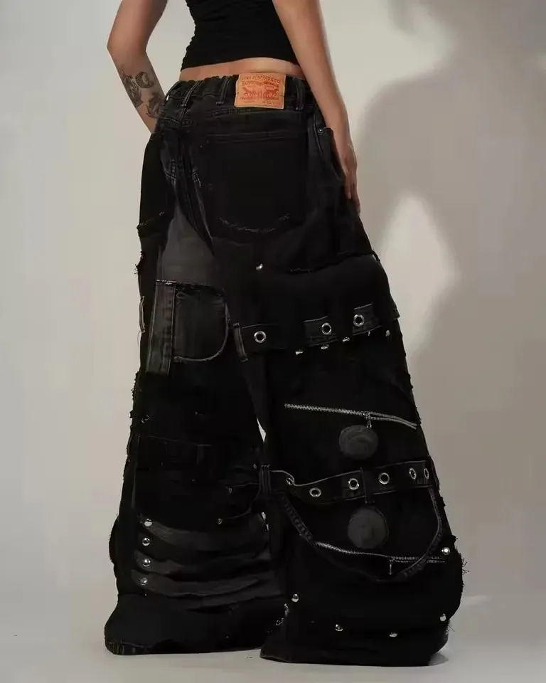 Streetwear Casual Black Cargo Jeans Men Heavy Buckle Strap Stud Zip Pocket Distressed Oversized Wide Leg Fashion Pants Y2K — image 7