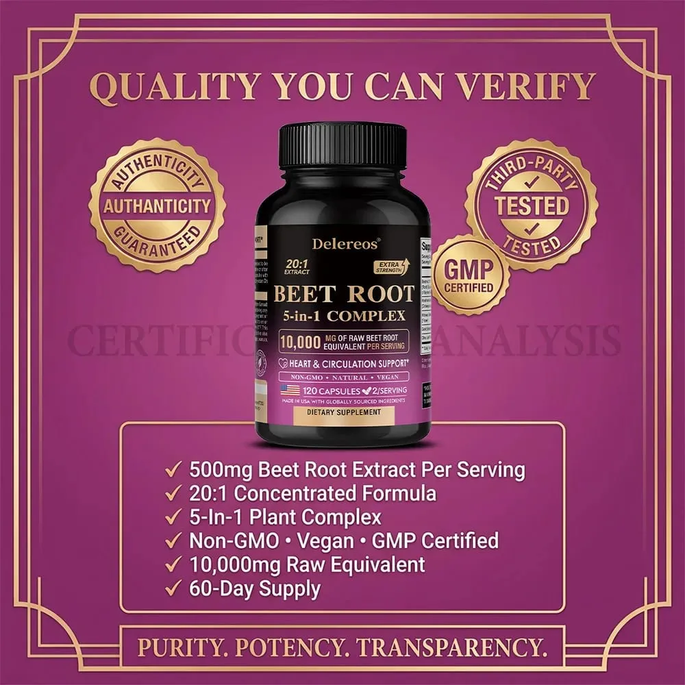 Organic Beetroot Extract Capsules 500mg Supports Blood Circulation & Heart Wellness Blood Flow Improves Immunity