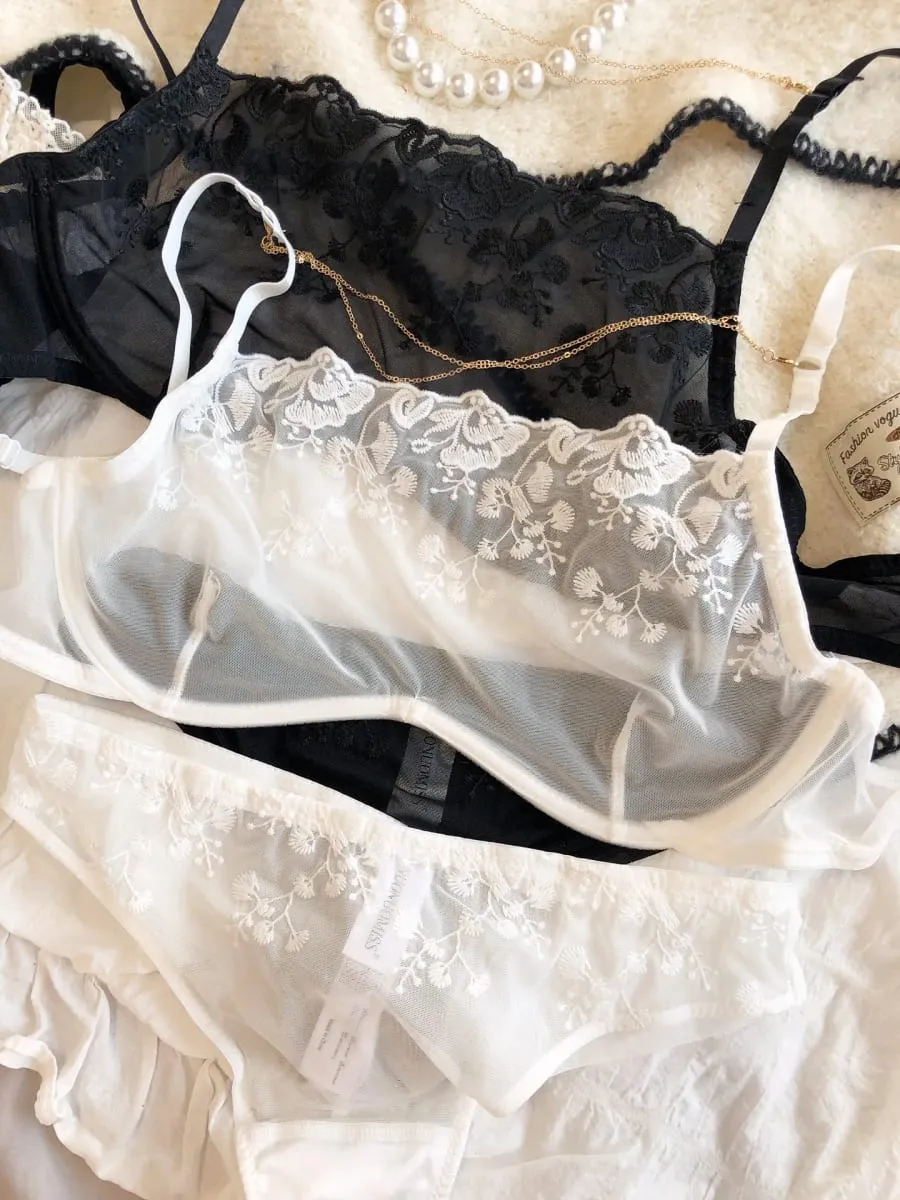 Sexy Lace Flower Embroidery Lingerie Set for Women French Ultra-thin Mesh Transparent Bra Detachable Decoration Chain Underwear — image 5