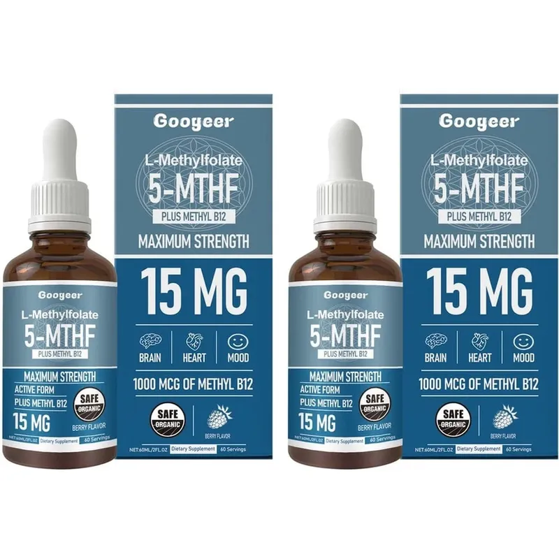 Googeer L-Methylfolate 5-MTHF Liquid Drops with Methyl B12 15mg 1000mcg Maximum Strength Heart Brain Mood Support 60ml