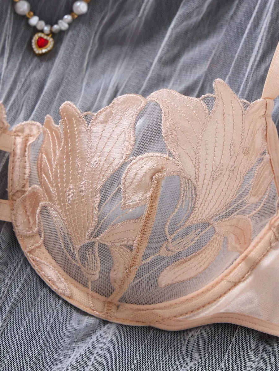 champagne Floral Embroidery Lingerie Set Satin Mesh Underwire Bra Thong Women Intimate Underwear Honeymoon Boudoir ZA824031 — image 4