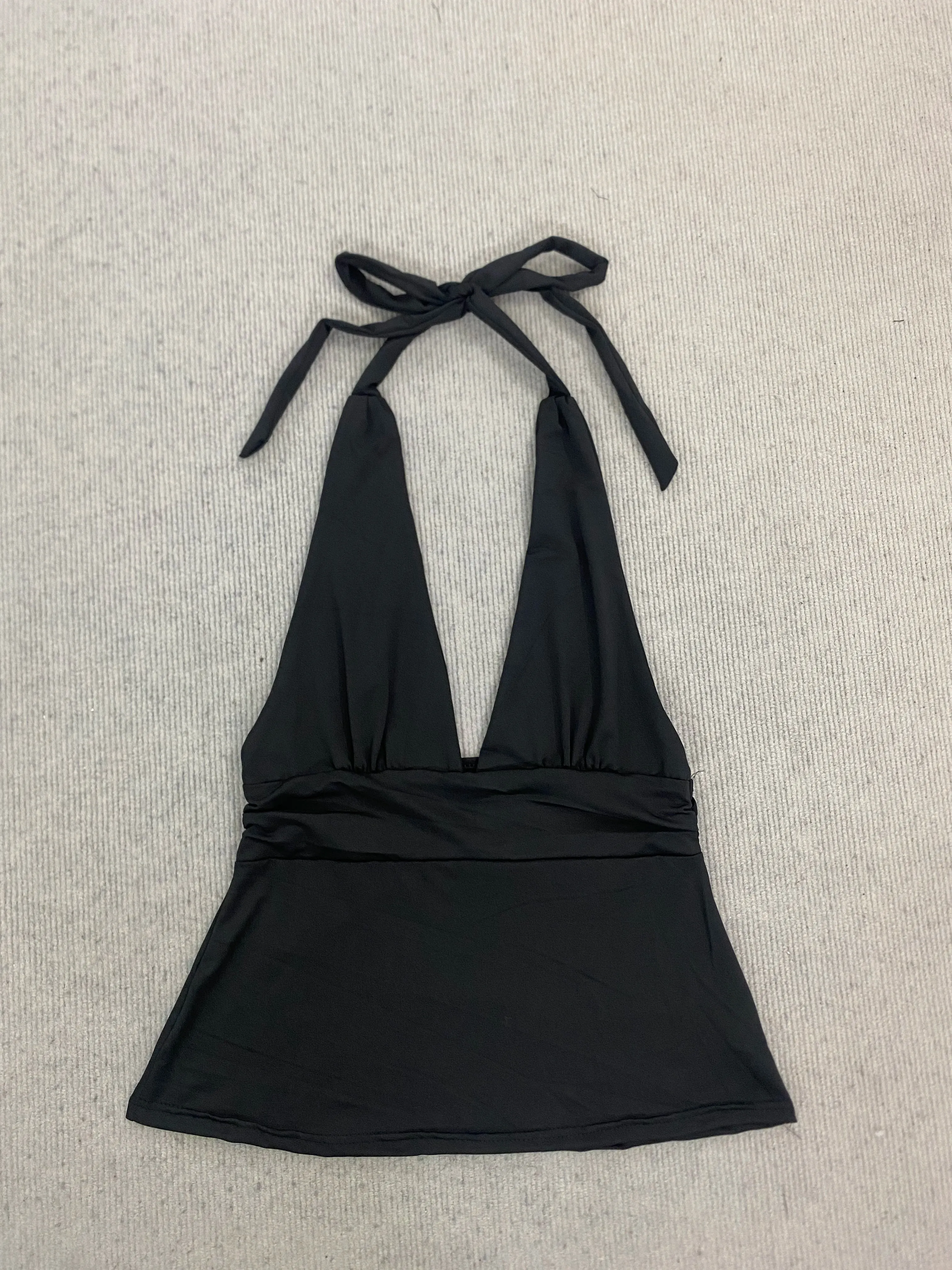Halter Neck Tie Back Peplum Top Deep V Neck Ruched Waist Sleeveless Open Back Streetwear Party Clubwear For Women — image 8