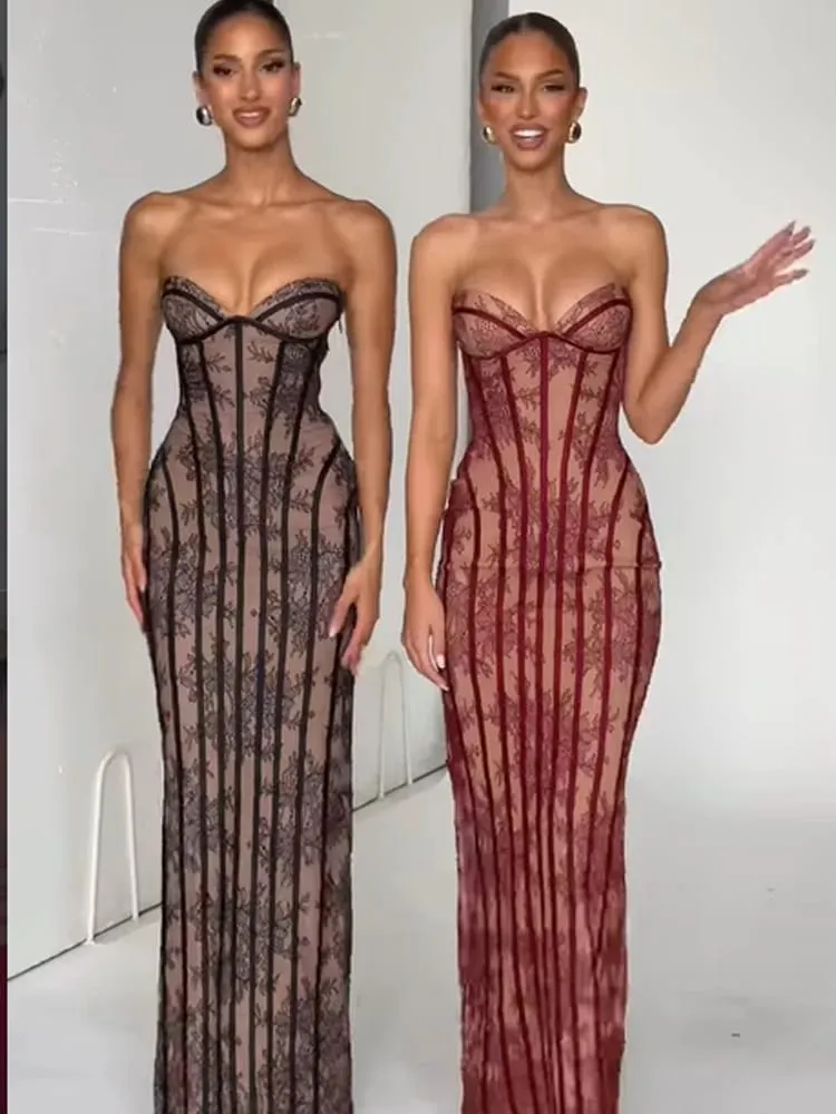 Chic Gauze Fishbone Strapless Dress Women Backless Off-shoulder Waist Cinching Slim Maxi Vestidos 2026 Lady Evening Party Gowns