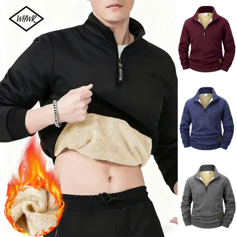 Men Fleece Lined Sweatshirts Winter Warm Pullover Half Zipper Pullover for Male Hoody Outdoor Sweatshit Solid Color Stand Collar — image 5