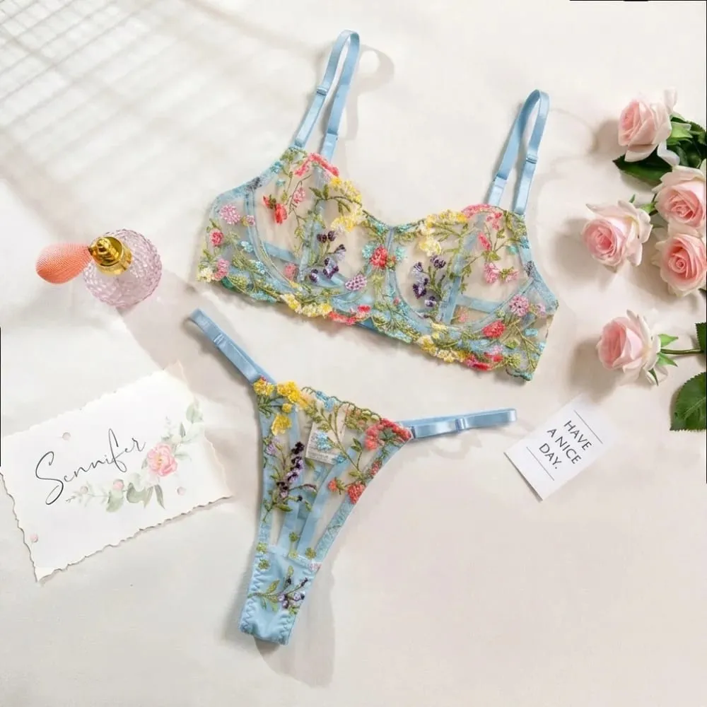 2-Piece Floral Lingerie Set Sheer Versatile Underwear Intimates Embroidery Underwire Push-up Bra Panty Set Para sa Lady Girl