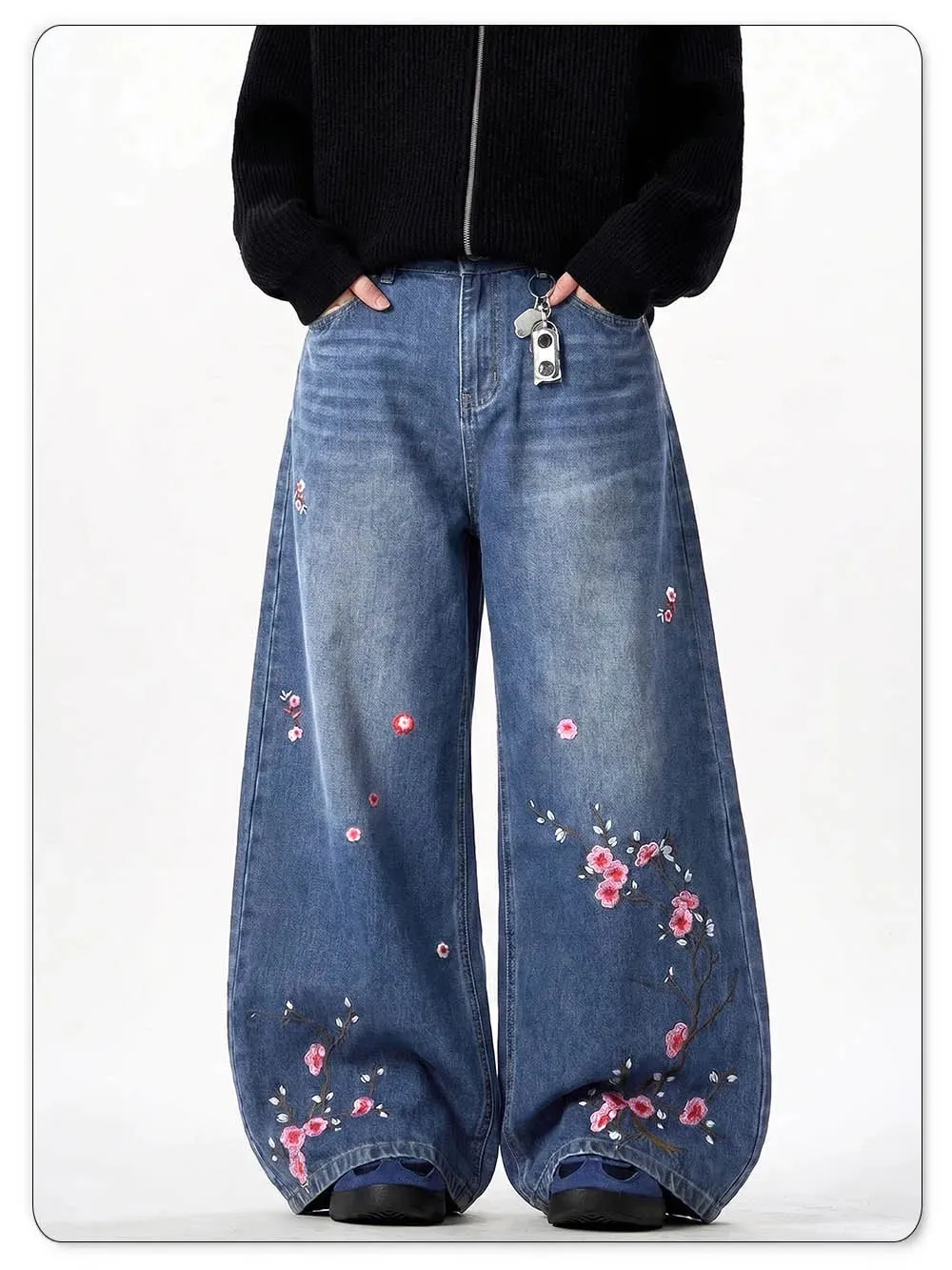 Men's Retor Plum Blossom Embroidered Baggy Jeans Blue Washed Wide Leg Denim Streetwear Casual Denim Pants Unisex — image 8