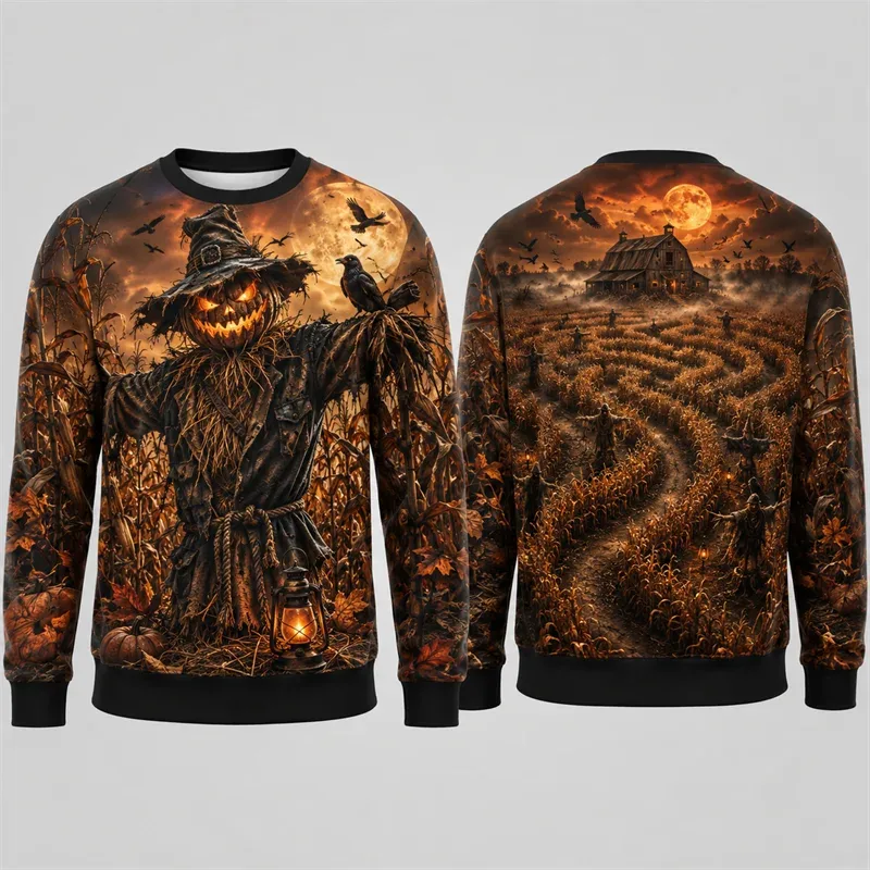 Pumpkin Ghost Graffiti Sweatshirt Halloween Mens 3D Print Polyester Crew Neck Long Sleeve Hip Hop Fashion Pullover Oversized Fit — image 6