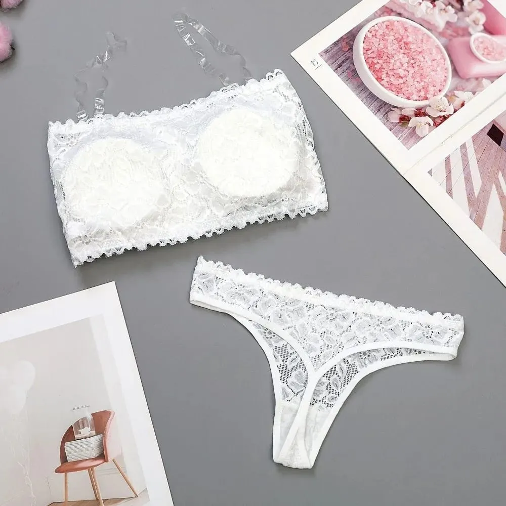 Lace Sheer Flower Thong Bra Set Invisible Straps Embroidery Floral Panties Bra Kit Transparent Lingerie Underwear for Women — image 5