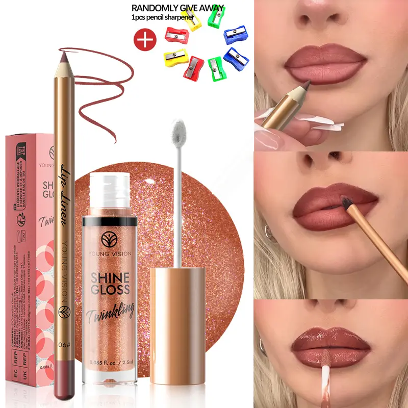 2pc Set Matte Lip Liner And Starry Glitter Lip Gloss Pearlescent Fine Shimmer Long-Lasting Hydration Non-Sticky Makeup — image 2