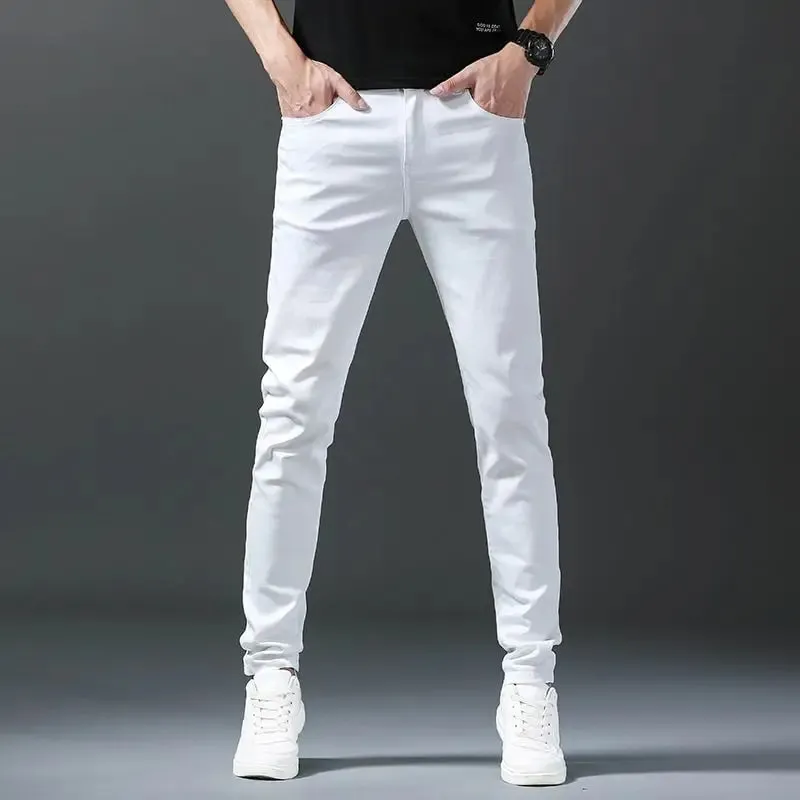 Mens Straight Elastic Waist Jeans 2025 Autumn Winter Fashion Brand Comfortable Versatile Pants Slim Fit White Jeans High Street — image 2