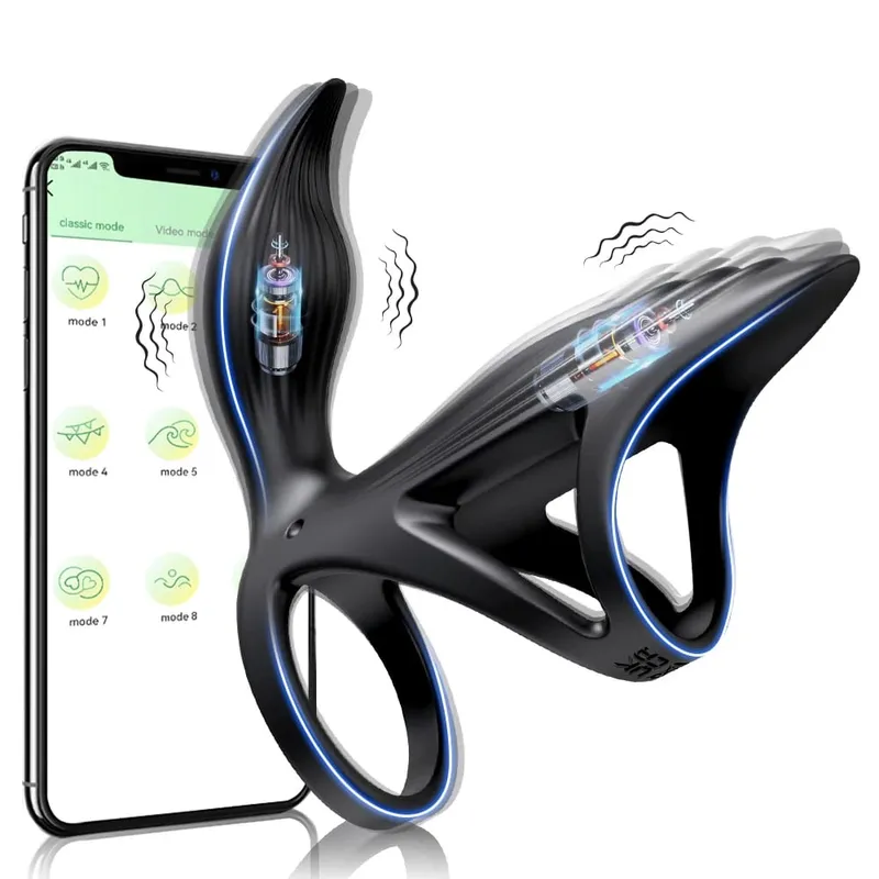 Giocattolo del sesso del vibratore dell'anello del pene telecomandato per gli uomini Tempo di ritardo Massaggiatore della prostata Rotazione di 360 ° Anelli vibranti per il pene 18+