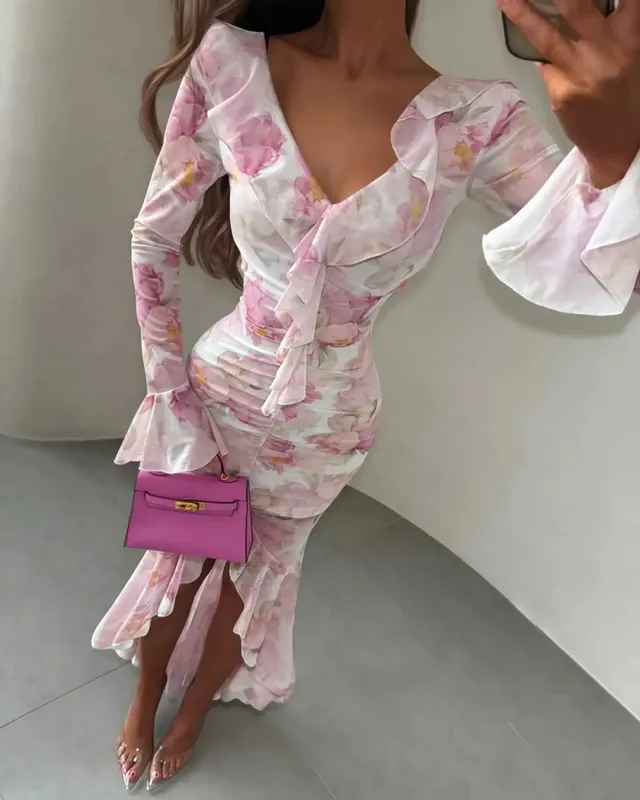 Organza Floral Printed Maxi Dress Fashion V-neck Puff Sleeve 2026 Spring/summer Romantic Women Party Gown Elegant Lady Vestidos — image 13