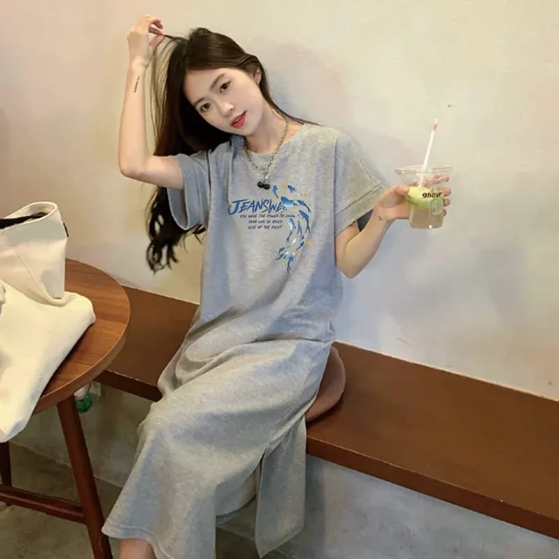 Korean Casual Maxi Tee Dress Blue Dolphin JEANS Letter Print White Loose Short Sleeve Long T-shirt Dress